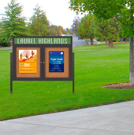 Freestanding 2 Door Enclosed Outdoor Bulletin Boards 72" x 48" Lighted w Message Header on Posts