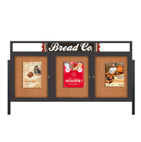 Freestanding 3 Door Enclosed Outdoor Bulletin Boards 96" x 36" Lighted w Message Header on Posts