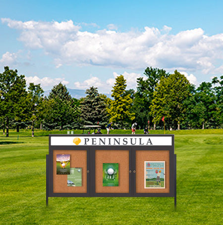 Freestanding 3 Door Enclosed Outdoor Bulletin Boards 84" x 48" Lighted w Message Header on Posts