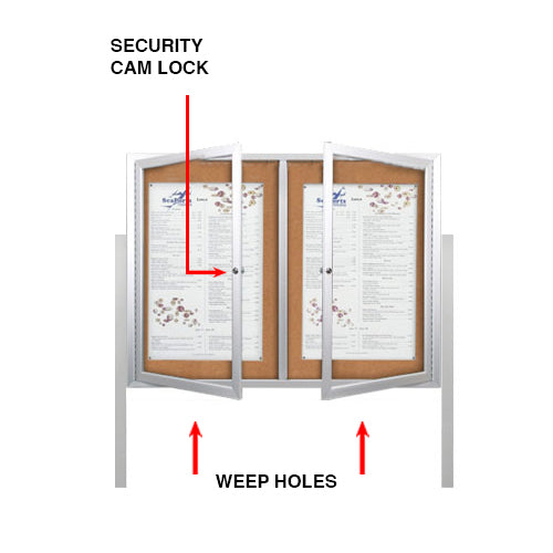 Freestanding 2 Door Enclosed Outdoor Bulletin Boards 84" x 30" with Lights + Posts