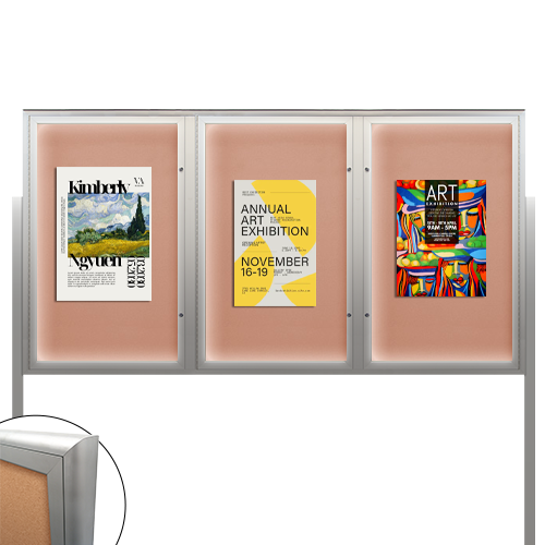 EXTREME WeatherPLUS™ XL Standing Radius Edge Outdoor Enclosed Bulletin Board with LED Lights | Shown with 3 doors in Satin Silver finish