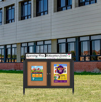 Outdoor Enclosed 42x32 Cork Bulletin Boards w Personalized HEADER (Radius Edge & Leg Posts) 2 DOORS