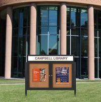 Outdoor Enclosed 60x36 Cork Bulletin Boards w Personalized HEADER (Radius Edge & Leg Posts) 2 DOORS