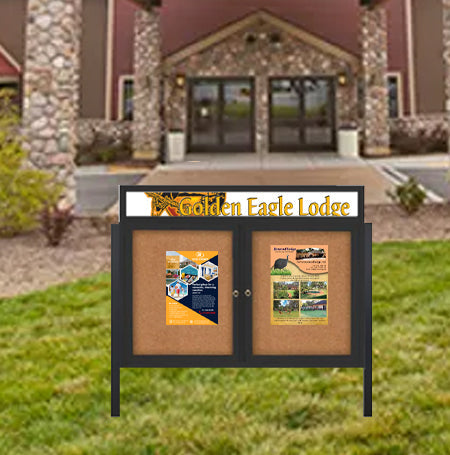 Outdoor Enclosed 48x48 Cork Bulletin Boards w Personalized HEADER (Radius Edge & Leg Posts) 2 DOORS