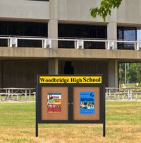 Outdoor Enclosed 50x50 Cork Bulletin Boards w Personalized HEADER (Radius Edge & Leg Posts) 2 DOORS