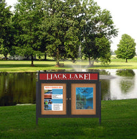 Outdoor Enclosed 60x24 Cork Bulletin Boards w Personalized HEADER (Radius Edge & Leg Posts) 2 DOORS