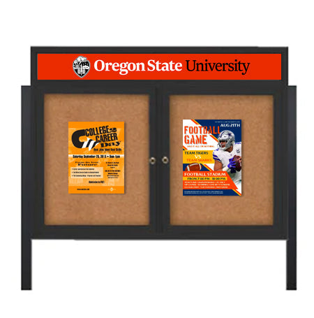 Outdoor Enclosed 60x36 Cork Bulletin Boards w Personalized HEADER (Radius Edge & Leg Posts) 2 DOORS