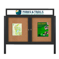 Outdoor Enclosed 60x40 Cork Bulletin Boards w Personalized HEADER (Radius Edge & Leg Posts) 2 DOORS