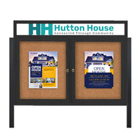 Outdoor Enclosed 72x24 Cork Bulletin Boards w Personalized HEADER (Radius Edge & Leg Posts) 2 DOORS