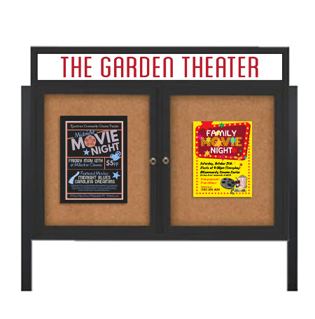 Outdoor Enclosed 72x36 Cork Bulletin Boards w Personalized HEADER (Radius Edge & Leg Posts) 2 DOORS