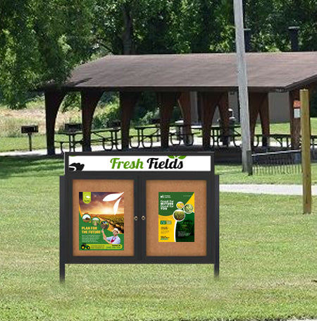 Outdoor Enclosed 72x36 Cork Bulletin Boards w Personalized HEADER (Radius Edge & Leg Posts) 2 DOORS