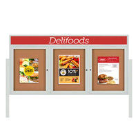 Outdoor Enclosed 72x36 Cork Bulletin Boards w Personalized HEADER (Radius Edge & Leg Posts) 3 DOORS