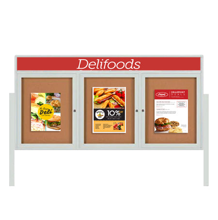 Outdoor Enclosed 72x36 Cork Bulletin Boards w Personalized HEADER (Radius Edge & Leg Posts) 3 DOORS