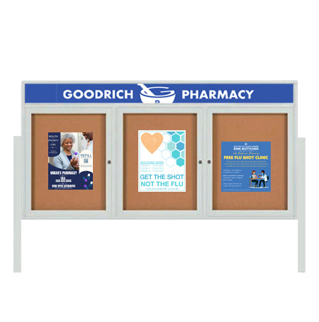 Outdoor Enclosed 84x24 Cork Bulletin Boards w Personalized HEADER (Radius Edge & Leg Posts) 3 DOORS