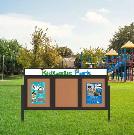 Outdoor Enclosed 84x36 Cork Bulletin Boards w Personalized HEADER (Radius Edge & Leg Posts) 3 DOORS