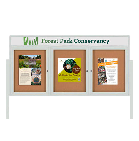 Outdoor Enclosed 84x48 Cork Bulletin Boards w Personalized HEADER (Radius Edge & Leg Posts) 3 DOORS