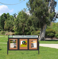 Outdoor Enclosed 96x48 Cork Bulletin Boards w Personalized HEADER (Radius Edge & Leg Posts) 3 DOORS