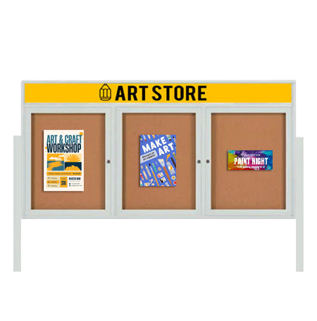 Outdoor Enclosed 96x24 Cork Bulletin Boards w Personalized HEADER (Radius Edge & Leg Posts) 3 DOORS