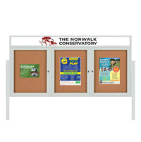 Outdoor Enclosed 96x30 Cork Bulletin Boards w Personalized HEADER (Radius Edge & Leg Posts) 3 DOORS