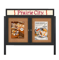 Outdoor Enclosed 96x30 Cork Bulletin Boards w Personalized HEADER (Radius Edge & Leg Posts) 2 DOORS