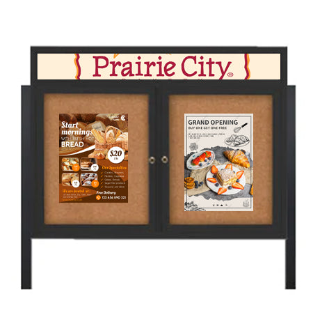 Outdoor Enclosed 96x30 Cork Bulletin Boards w Personalized HEADER (Radius Edge & Leg Posts) 2 DOORS