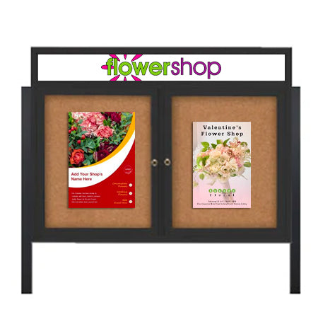 Outdoor Enclosed 96x36 Cork Bulletin Boards w Personalized HEADER (Radius Edge & Leg Posts) 2 DOORS