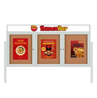 Outdoor Enclosed 96x48 Cork Bulletin Boards w Personalized HEADER (Radius Edge & Leg Posts) 3 DOORS