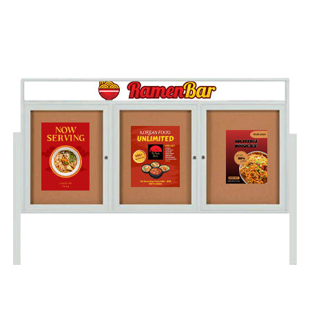 Outdoor Enclosed 96x48 Cork Bulletin Boards w Personalized HEADER (Radius Edge & Leg Posts) 3 DOORS