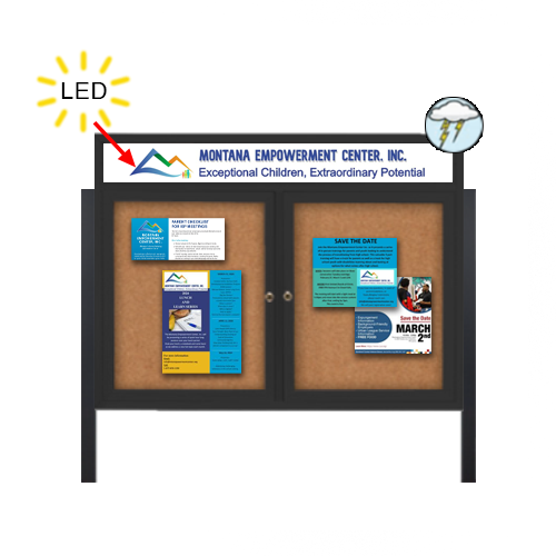 Outdoor Enclosed 48x60 Bulletin Cork Boards with ILLUMINATED HEADER (with Radius Edge & Leg Posts) (2 DOORS)