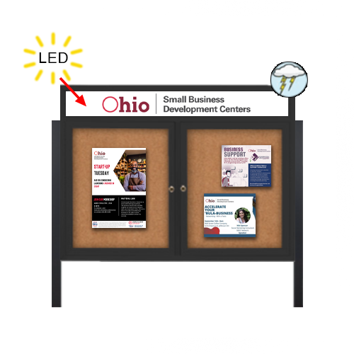 Outdoor Enclosed 50x40 Bulletin Cork Boards with ILLUMINATED HEADER (with Radius Edge & Leg Posts) (2 DOORS)