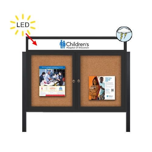 Outdoor Enclosed 60x40 Bulletin Cork Boards with ILLUMINATED HEADER (with Radius Edge & Leg Posts) (2 DOORS)