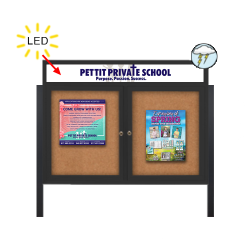 Outdoor Enclosed 72x36 Bulletin Cork Boards with ILLUMINATED HEADER (with Radius Edge & Leg Posts) (2 DOORS)