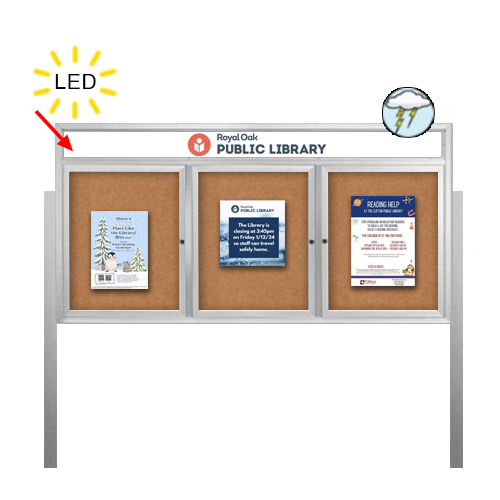 Outdoor Enclosed 72x48 Bulletin Cork Boards with ILLUMINATED HEADER (with Radius Edge & Leg Posts) (3 DOORS)