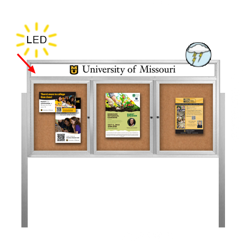 Outdoor Enclosed 84x24 Bulletin Cork Boards with ILLUMINATED HEADER (with Radius Edge & Leg Posts) (3 DOORS)