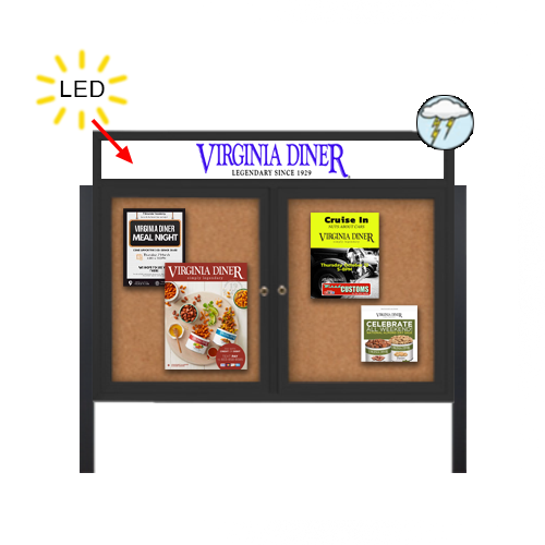 Outdoor Enclosed 84x24 Bulletin Cork Boards with ILLUMINATED HEADER (with Radius Edge & Leg Posts) (2 DOORS)