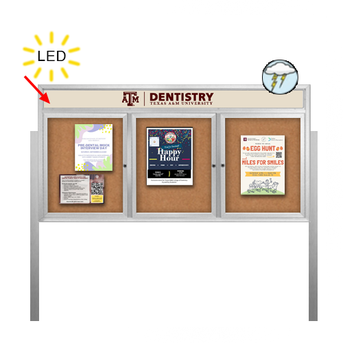 Outdoor Enclosed 84x36 Bulletin Cork Boards with ILLUMINATED HEADER (with Radius Edge & Leg Posts) (3 DOORS)