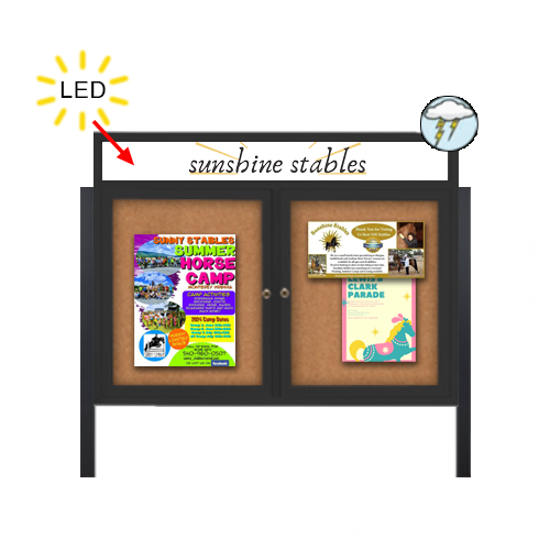 Outdoor Enclosed 84x36 Bulletin Cork Boards with ILLUMINATED HEADER (with Radius Edge & Leg Posts) (2 DOORS)