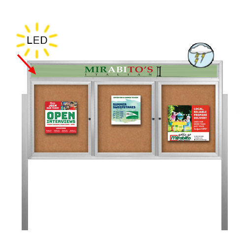 Outdoor Enclosed 84x48 Bulletin Cork Boards with ILLUMINATED HEADER (with Radius Edge & Leg Posts) (3 DOORS)