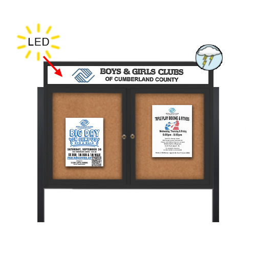 Outdoor Enclosed 84x48 Bulletin Cork Boards with ILLUMINATED HEADER (with Radius Edge & Leg Posts) (2 DOORS)