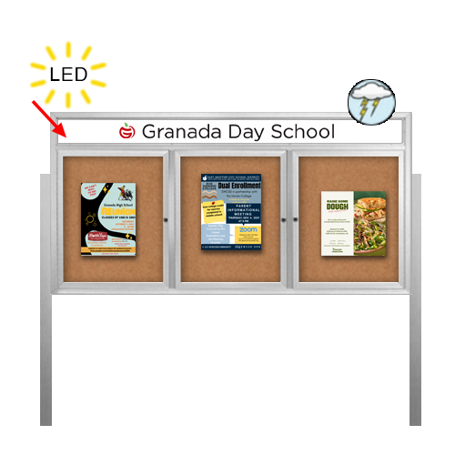 Outdoor Enclosed 96x36 Bulletin Cork Boards with ILLUMINATED HEADER (with Radius Edge & Leg Posts) (3 DOORS)