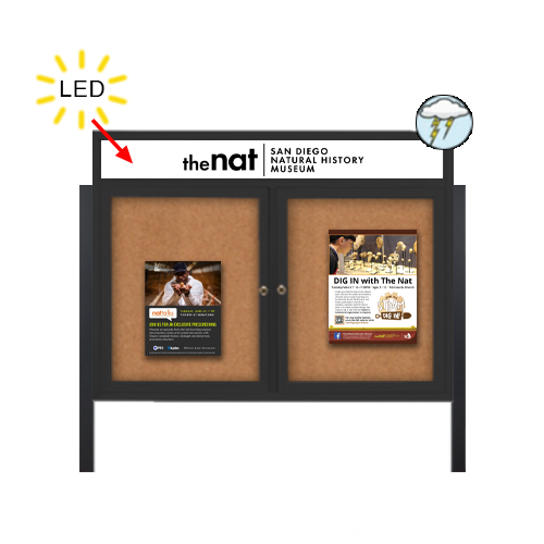 Outdoor Enclosed 96x36 Bulletin Cork Boards with ILLUMINATED HEADER (with Radius Edge & Leg Posts) (2 DOORS)