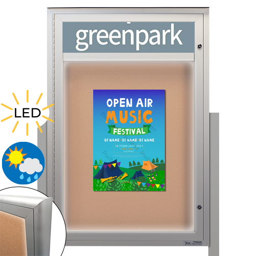 Freestanding EXTREME WeatherPLUS™ Radius Edge Outdoor Enclosed Bulletin Boards with Personalized Message Header + LED Lights | Shown in Silver Finish in Portrait Orientation