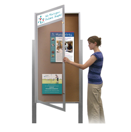 48 x 72 Extra Large Outdoor Bulletin Board Display Case on Posts with Your Personalized Message Header and XL Single Door Metal Cabinet