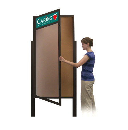 Extra Large Outdoor Enclosed Poster Display Case with Header, Lights and Leg Posts (SwingCase Single Door)