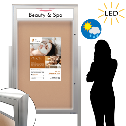EXTREME WeatherPLUS™ XL Standing Radius Edge Outdoor Enclosed Bulletin Boards Personalized Header + LED LIGHTS | Single Door in 15+ Sizes