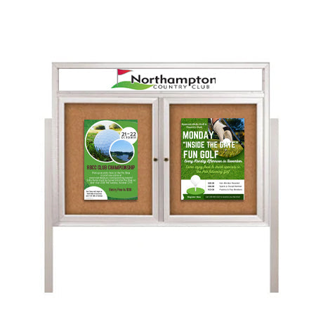 Outdoor Enclosed Illuminated Header Poster Display Cases (with Radius Edge & Leg Posts) (2 & 3 Doors)