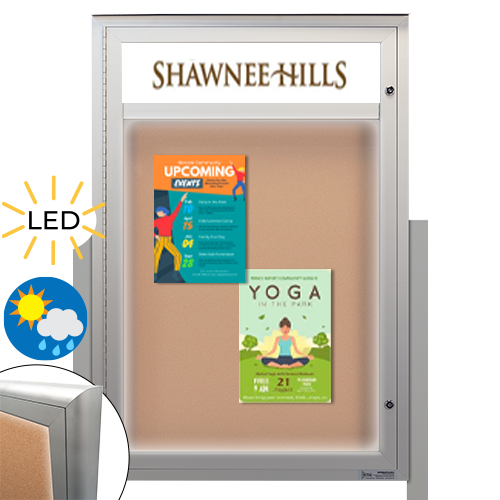 Freestanding EXTREME WeatherPLUS™ Radius Edge Outdoor Enclosed Poster Cases with Personalized Message Header + LED Lights | Locking Metal Display Stand in 10+ Sizes