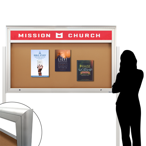 EXTREME WeatherPLUS™ XL Standing Radius Edge Outdoor Enclosed Poster Cases with Personalized Message Header | Shown in Silver Frame Finish