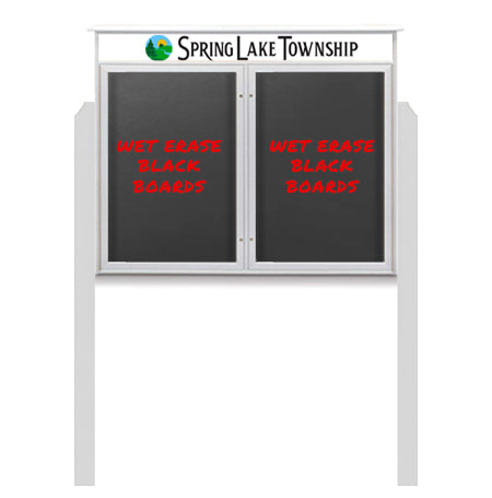 60" x 24" Outdoor Message Center - Double Door Magnetic Black Dry Erase Board with Header and Posts