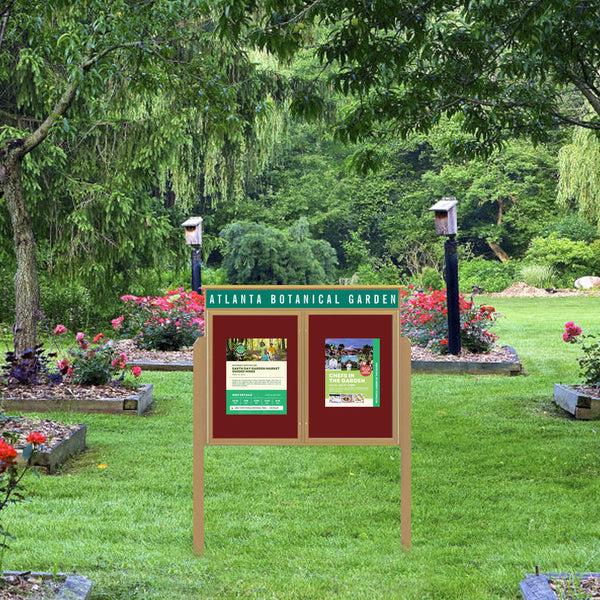 Eco-Design Free-Standing 60" x 24" Outdoor Message Center with Header and Enclosed Cork Board | Faux Wood, 2-Door Cabinet + Posts